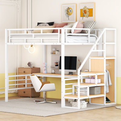 Full Size Metal Loft Bed with Desk, Storage Staircase and Small Wardrobe by Mason & Marbles