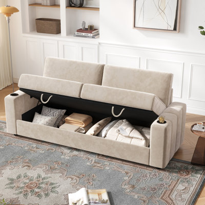 88" Velvet Square Arm Sofa with Storage, Deep Seat Sofa With USB Charging Ports & Cup Holders by Latitude Run