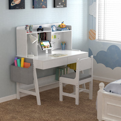 Kids Study Desk and Chair Set, Adjustable Wooden Study Desk with Hutch, Drawers, Book Stand, Whiteboard & Fabric Storage Bag for Ages 5-12