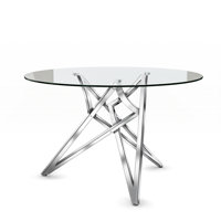 47 Inch Round Dining Table With Clear Glass Top And Polished Cross Base by Mercer41