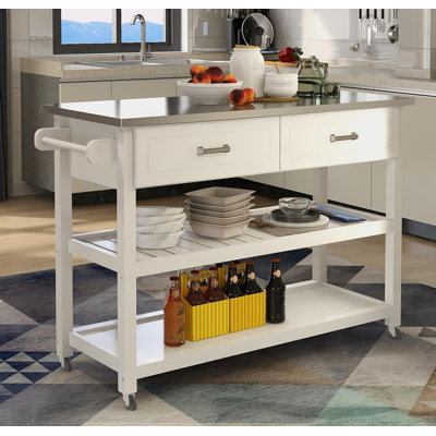 White Kitchen Cart - Stainless Steel Tabletop & 2 Functional Drawers for Added Storage