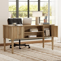 Farmhouse Style Desk And TV Stand Combo Set, Entertainment Center With Bookshelves For Tvs Up To 75",Writing Desk For Home Office And Living Room, Oak by Rosalind Wheeler