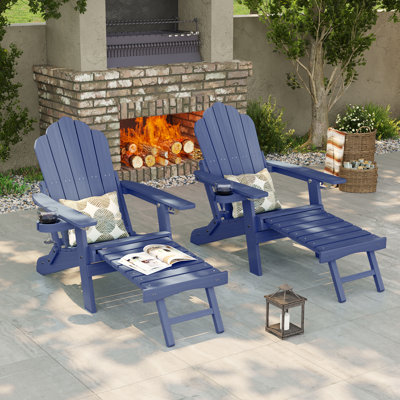 2pcs Folding Adirondack Chair with Retractable Ottoman and Cup Holder Adjustable Adirondack Chair with Footrest Set by Rosecliff Heights