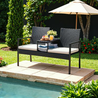 Patio Loveseat Outdoor Wicker Furniture Conversation Set with Soft Cushions & Built-in Coffee Table for Lawn Garden Backyard by Ebern Designs