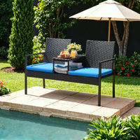 Patio Loveseat Outdoor Wicker Furniture Conversation Set with Soft Cushions & Built-in Coffee Table for Lawn Garden Backyard by Ebern Designs