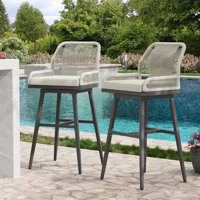 Bar Stools Set Of 2, Rattan Counter Height Bar Stools, Swivel Patio Barstools With Boho Woven Rope Back For Kitchen Patio Garden Cushions Included,