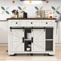 54" Farmhouse Kitchen Island with Drop Leaf, Power Outlet, 3 Drawers, Spice Rack& Wheels by Gracie Oaks