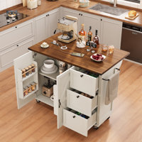 54.5”farmhouse Style Mobile Kitchen Island With Electrical Outlet, Folding Leaf, Spice Rack And Drawers, Rolling Kitchen Cart With Ample Storage, Rust by Gracie Oaks