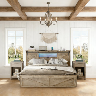 3-Pieces Bedroom Sets ,Farmhouse Bed Frame Queen Size With LED Lights And Charging Station,Nightstands Set Of 2 With 2-Drawer by August Grove