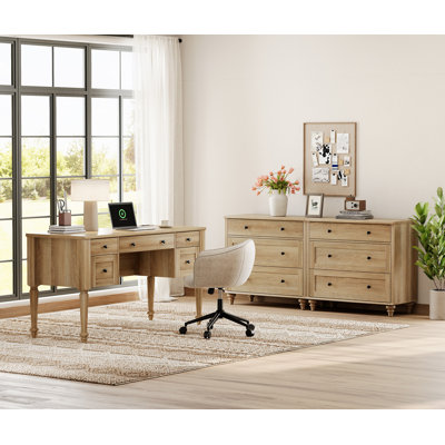 Farmhouse Style Desk And Wooden Dresser Combo Set,  Dressers With 6 Drawers, Mid Century Modern Wooden Closet Storage Organizer, Office Desk For Home by Charlton Home