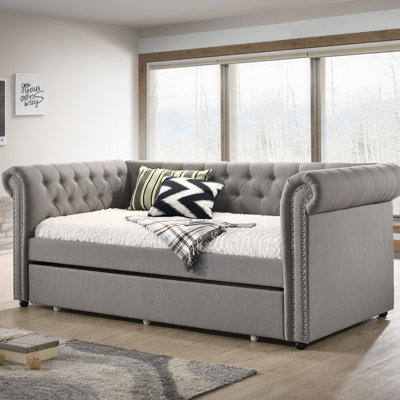 Luxurious 1Pc Modern Aesthetic Beautifully Button Tufted Nailhead Trim Design Daybed Built-In Pull-Out Trundle Bed Living Space Guest Room Bedroom by Lark Manor
