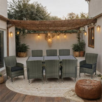 9 Piece Outdoor Patio Wicker Dining Set Patio Wicker Furniture Dining Set Glass Top Grey Wicker + Black Cushion