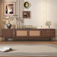 Mid-Century TV Stand For 80 Inch Tvs Entertainment Center With Sliding Doors & Storage Drawers