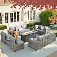 Bobia 13-piece Modular Outdoor Wicker Sectional Sofa Set With Propane Fire Pit Table, Wide Armrests, Rattan Patio Conversation Set With Coffee Table A