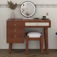 39" Makeup Vanity Desk With Stool, Bohemian Dressing Table Set With Rattan Drawer & Charging Plug, USB Port, Dressing Table by George Oliver