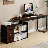 55 Inch Reversible L Shaped Computer Desk with 3 Drawers, Corner Desk with Storage Shelves and Removable Monitor Stand by Latitude Run