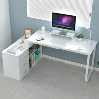 55 Inch Reversible L Shaped Computer Desk with 3 Drawers, Corner Desk with Storage Shelves and Removable Monitor Stand by Latitude Run