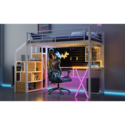 Twin Size Metal Loft Bed With Built-In Work Station, Wardrobe, Storage Staircase And LED, White by Latitude Run