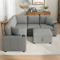 Sectional Convertible U-shaped Pull-out Sofa Bed With A Movable Storage Ottoman, Dual Cup Holders, Usb Charging Ports And Pillows