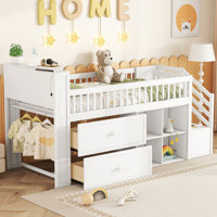 Twin Size Loft Bed With LED And Bookshelf, Wood Low Loft Bed With Stairs, Kids Twin Loft Bed With Storage Drawers And Shelvesx
