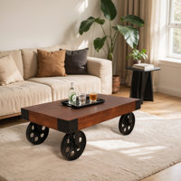 Black Cart Coffee Table, Vintage Center Table With Wheels For Living Room, Rectangular, Metal Frame And Wood Top, Farmhouse, 39.37 Inches, Rustic Blac by Trent Austin Design