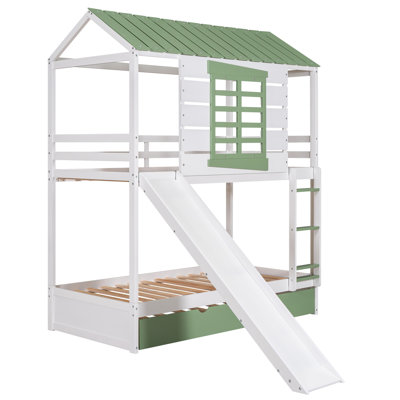Twin over Twin Size House Bunk Bed with Convertible Slide and Trundle, White+Green by Harper Orchard