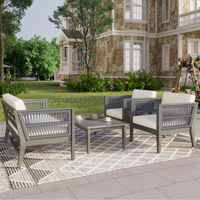 4-Pieces Acacia Wood Patio Furniture Set, Outdoor Furniture With Coffee Table, Patio Conversation Set Deep Seating With Soft Cushion, Porch Chairs For