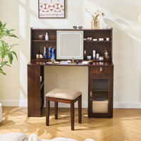 Elegant Makeup Vanity Desk With 3 Modes Adjustable Lighted Mirror,Modern Dressing Table Set With Large Shelves, Drawer And Canbinet by Brayden Studio
