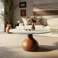 Mid-Century Modern Round Coffee Table Stone Marble Effect With Solid Wood Base For Living Room & Home Decor by Orren Ellis