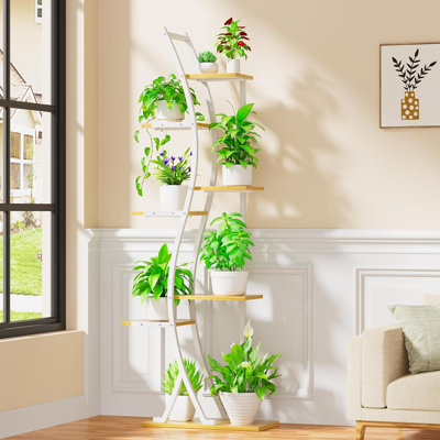 7 Tiered Indoor Metal Plant Stand with Grow Lights, Large S-Shaped Wooden Corner Flower Rack by 17 Stories