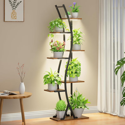 7 Tiered Indoor Metal Plant Stand with Grow Lights, Large S-Shaped Wooden Corner Flower Rack by 17 Stories