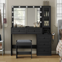 43" W Vanity Desk with Mirror & 11 Lights, 5 Drawer Modern Makeup Desk with Glass top & Cushioned Stool, 3 Lighting Modes Brightness Adjustable,Power by Winston Porter