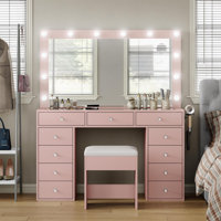 Vanity Desk with Illuminated Mirror & Power Outlet, 11 Drawers Vanity Table with Chair, Makeup Vanity with 12 LED Lights, Tempered Glass Top, Dressing by Ebern Designs
