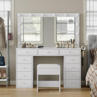 Vanity Desk with Illuminated Mirror & Power Outlet, 11 Drawers Vanity Table with Chair, Makeup Vanity with 12 LED Lights, Tempered Glass Top, Dressing by Ebern Designs