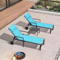 Patio Lounge Chair Set Of 3 Outdoor Chaise Lounger Aluminum Frame With Armrest Side Table And Wheels by Latitude Run