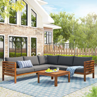 Wood Structure Outdoor Sofa Set With Beige Cushions Exotic Design Water-Resistant And UV Protected Texture High Quality Acacia Wood Strong Metal Acces by One Allium Way
