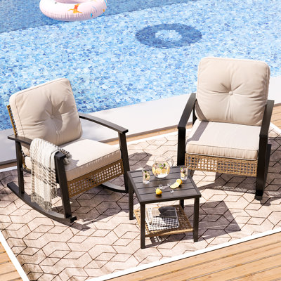 2 - Person Rocking Bistro Set, Patio Rocking Wicker Conversation Set With Cushions, Outdoor Patio Furniture For Garden, Balcony, Backyard by Lark Manor