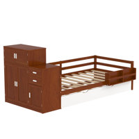Twin Size Wood Platform Bed with Sample Bookshelf and Movable Wardrobe, Multifunctional Bed with Built-in Trundle Bed by Red Barrel Studio