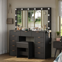 vanity Desk With Power Outlet, Fluted Makeup vanity With Lights Mirror, 3 Lighting Modes Adjustable, 11 Drawers vanity Set, Makeup Table With Glass To by Ebern Designs