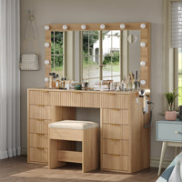 vanity Desk With Power Outlet, Fluted Makeup vanity With Lights Mirror, 3 Lighting Modes Adjustable, 11 Drawers vanity Set, Makeup Table With Glass To