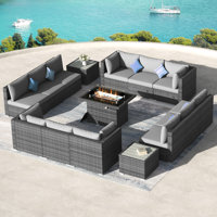 15-Piece Outdoor Modular PE Wicker Sectional Conversation Set with 43" Propane Fire Pit Table, 2 Side Tables & Cushions by Hokku Designs