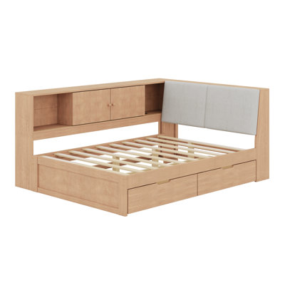Wooden L-Shaped Daybed Corner Bed Under-Bed Drawers With Storage Bookcase And Upholstered Headboard And USB Charging Ports