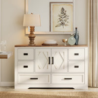 Glenford Modern Farmhouse Accent Cabinet With Barn Doors & 6 Drawers, 54"W Rustic Storage Cabinet, Adjustable Shelves, Scratch-Resistant Tree Bark Fin by Winston Porter