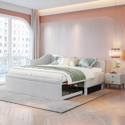 Twin Size Upholstered L-Shaped Upholstered Daybed With Pop Up Trundle