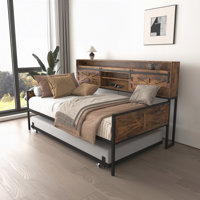 Farmhouse Daybed with Trundle,Sliding Barn Door Headboard,Charging Station and LED Light by Ivy Bronx