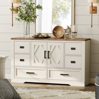 Laziza 54"W Modern Farmhouse Rustic Sideboard Buffet Cabinet With Barn Doors & 6 Drawers, Adjustable Shelves, Scratch-Resistant Tree Bark Finish by Gracie Oaks