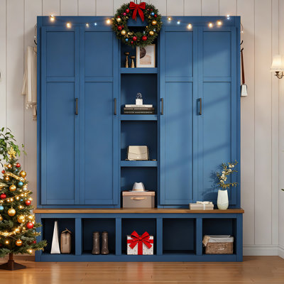 62.9"W Farmhouse 4-In-1 Hall Tree With 6 Hanging Hooks & 4 Wardrobes,Mudroom Wood Grain Bench With Open Compartments by Hokku Designs
