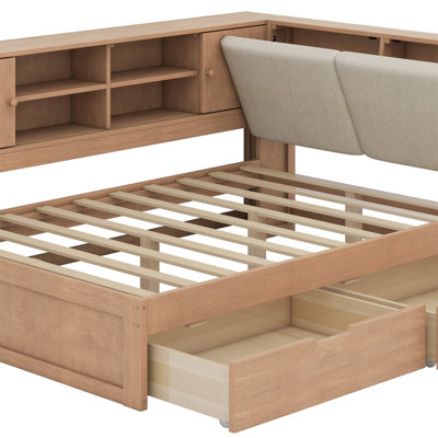 Wooden L-Shaped Daybed Corner Bed Under-Bed Drawers With Storage Bookcase And Upholstered Headboard And USB Charging Ports by Latitude Run