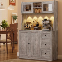 66" Kitchen Pantry Cabinet with Microwave Shelf, Freestanding Hutch Cabinet with 3 Drawers and LED Lights, Tall Storage Cabinet with Countertop for Di by Gracie Oaks