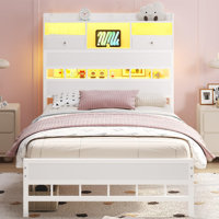 Twin Size Bed Frames With Headboard And 5 Storage Shelves & Under Bed Storage, Platform Bed Frames Twin With Led & Charging Station,no Box Spring Need